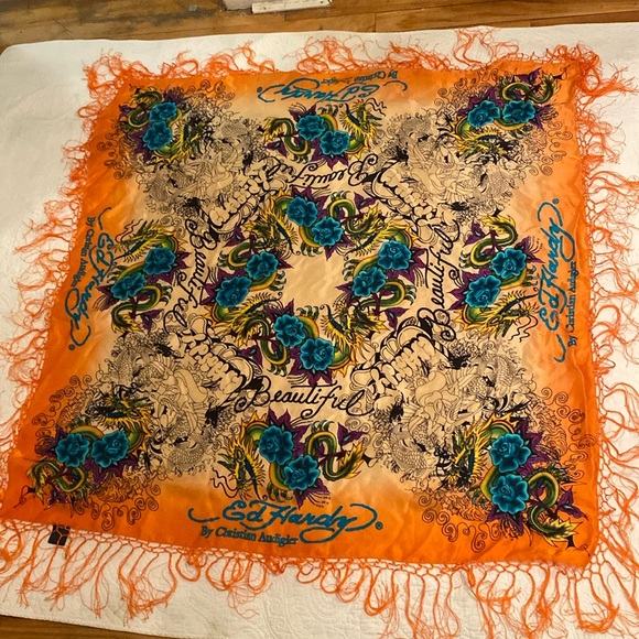 Y2K Ed Hardy by Christian Audigier - beautiful Silk floral Print Scarf - Picture 6 of 13